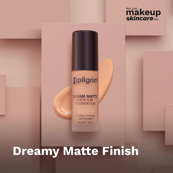 Pilgrim Dream Matte Serum Foundation (225-Natural Almond), 30ml | Flawless Matte Finish, Hydrating, and Long-Lasting Wear for Natural-Looking Coverage.
