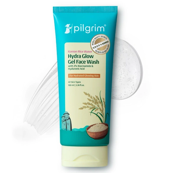 Pilgrim Korean Rice Water Hydra Glow Facewash 100ml | Hydrating Glow Cleanser with Niacinamide & Hyaluronic Acid | Gentle Non-Drying Face Wash for Radiant Skin