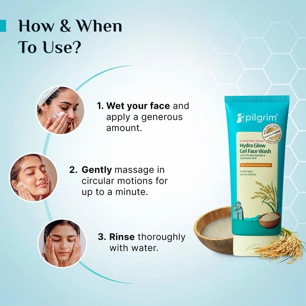 Pilgrim Korean Rice Water Hydra Glow Facewash 100ml | Hydrating Glow Cleanser with Niacinamide & Hyaluronic Acid | Gentle Non-Drying Face Wash for Radiant Skin
