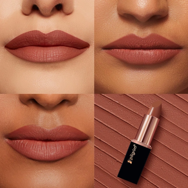 Pilgrim Matte Bullet Lipstick (Nude Mystery 05), Elegant Nude Shade | Long-Lasting Matte Finish | Hydrating with Squalane | SPF 30 Protection | Smudge-Resistant & Vegan