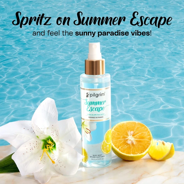 Pilgrim Summer Escape Body Mist - 150 ml | With White Lily & Yuzu Lemon | Long-Lasting Scent | Romance perfume for women | Body Mist for Women | Designed in France