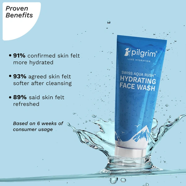 Pilgrim Swiss Aqua Rush Hydrating Face Wash, 100.0ml | Cleanses Gently, Hydrates Deeply, and Leaves Skin Fresh, Soft, and Supple.