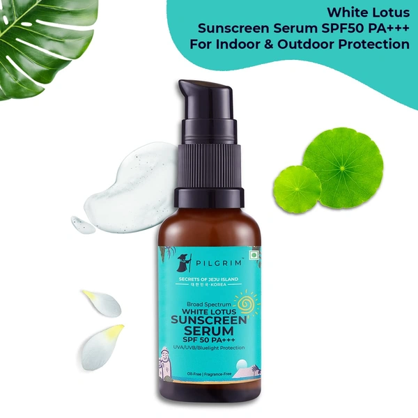 Pilgrim White lotus Sunscreen Serum -30 ml SPF 30 PA+++ | with Hyaluronic acid & CICA | Broad-Spectrum Sun Protection | No white cast | Oil & Silicon free | Non-greasy | Lightweight | UVA and UVB protection | Korean skin care | For All skin types