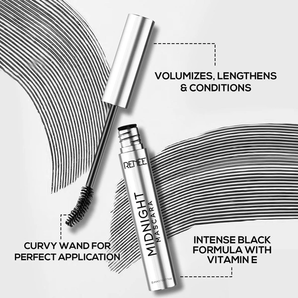 Renee Midnight Mascara 8ml | Volumizing & Lengthening Mascara | Intense Black Lash Definition | Bold, Long-Lasting Lashes | Smudge-Proof Mascara | Darkest Black | Clump-Free | Infused with Vitamin E | Suitable for All Eye Shapes |