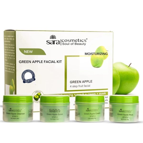 Sara Green Apple 4-Step Fruit Facial Kit | for Brightening & Hydrating Skin | All in 1 ( Cleansing + Scrub + Cream + Mask ) | | Suitable For All Skin Type | 200g