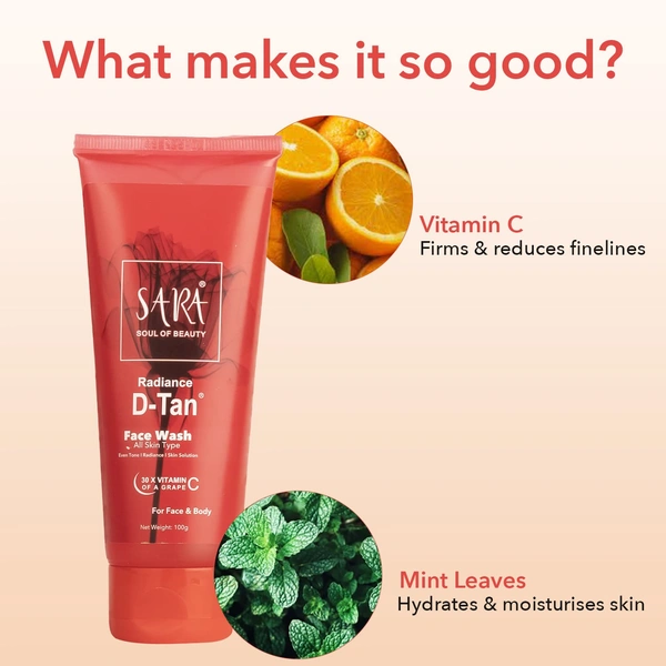Sara SARA Radiance D-TAN Face Wash | Tan Removal & Brightening Cleanser | Glowing skin | Suitable for All skin Type | Nourishing Face Wash | 100gm
