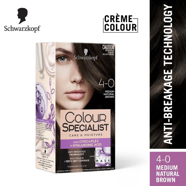 Schwarzkopf Colour Specialist Permanent Hair Colour 100ml| 4.0 Medium Natural Brown Colour with Omegaplex + Hyaluronic Acid | Anti-Breakage Tech | 100% Grey Coverage