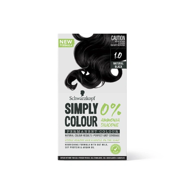 Schwarzkopf Simply Colour Natural Black 1.0 Hair Colour 142.5ml | 100% Grey Coverage | Ammonia & Silicone Free | With Soy Protein, Argan Oil & Oat Milk | Gentle Formula