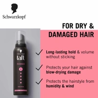 Schwarzkopf Taft Power Mousse for Women & Men| Strong Hold Hair Styling Foam for Long-Lasting Volume | Frizz Control & Flexible Styling | Suitable for All Hair Types