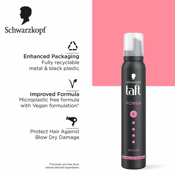 Schwarzkopf Taft Power Mousse for Women & Men| Strong Hold Hair Styling Foam for Long-Lasting Volume | Frizz Control & Flexible Styling | Suitable for All Hair Types