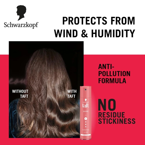 Schwarzkopf TAFT Shine Hair Spray 250ml | Diamond Luminizer Formula for Shiny | Frizz-Free Hair, Strong Hold 4 | Lasts 24+ Hours, Protects from Wind & Humidity
