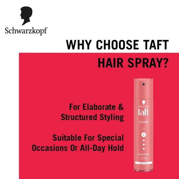 Schwarzkopf TAFT Shine Hair Spray 250ml | Diamond Luminizer Formula for Shiny | Frizz-Free Hair, Strong Hold 4 | Lasts 24+ Hours, Protects from Wind & Humidity