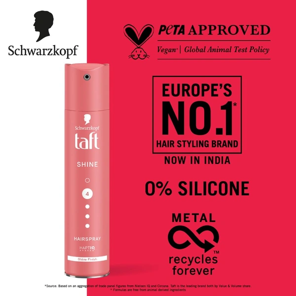 Schwarzkopf TAFT Shine Hair Spray 250ml | Diamond Luminizer Formula for Shiny | Frizz-Free Hair, Strong Hold 4 | Lasts 24+ Hours, Protects from Wind & Humidity