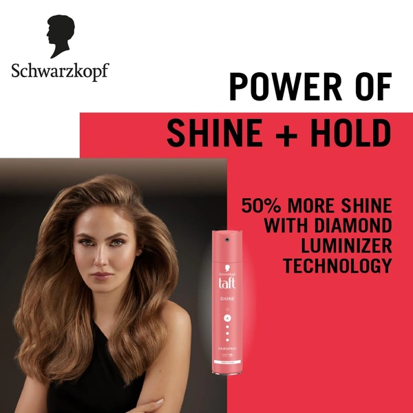 Schwarzkopf TAFT Shine Hair Spray 250ml | Diamond Luminizer Formula for Shiny | Frizz-Free Hair, Strong Hold 4 | Lasts 24+ Hours, Protects from Wind & Humidity