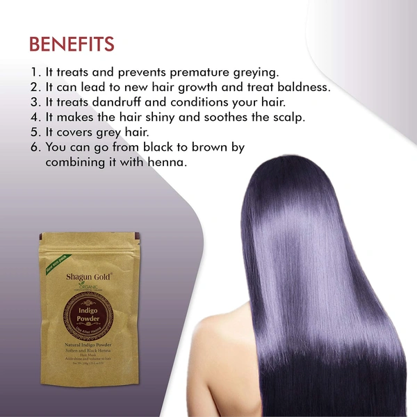 Shagun Gold Organic Indigo Powder 100gm for Hair Growth & Natural Black Hair Colour | 100% Herbal Hair Dye | Chemical-Free Hair Darkening & Conditioning