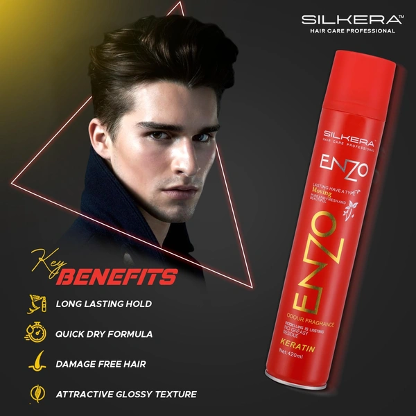 Silkera Professional Silkera Enzo Hair Spray 420ml Red | Keratin Enhanced Long-Lasting Hair Spray | No Greasy Residue | Suitable for All Hair Types | Salon & Home Use