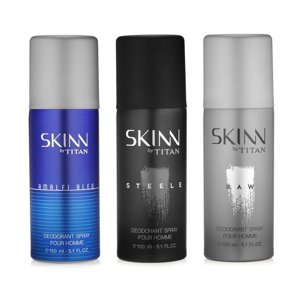 Skinn by Titan Premium Fresh Deodorant Spray for Men (Amalfi Bleu, Stelle, Raw Set of 3, 150 ml Each) | Long-Lasting Freshness & Premium Fragrance for All-Day Confidence