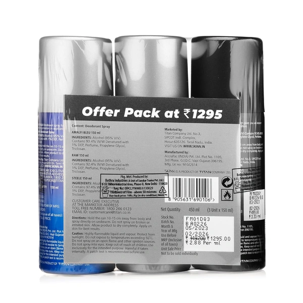 Skinn by Titan Premium Fresh Deodorant Spray for Men (Amalfi Bleu, Stelle, Raw Set of 3, 150 ml Each) | Long-Lasting Freshness & Premium Fragrance for All-Day Confidence