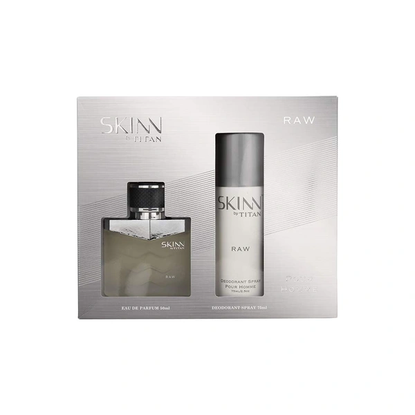 Skinn by Titan Raw EDP & Deo Gift Pack for Men | 50ml Perfume + 75ml Deodorant | Fresh, Woody & Spicy Scent | Long-Lasting Fragrance | Perfect Gift Set for Men