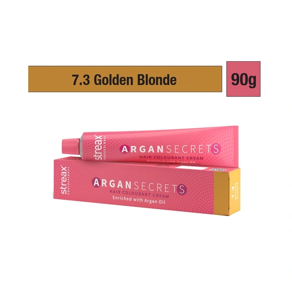 Streax Color Tube Argan Secrates 7.3 Golden Blonde, 60g | Ammonia-Free & Long-Lasting | Enriched with Argan & Walnut Oil for Vibrant Hair Color | Soft & Smooth Hair | Full Grey Coverage