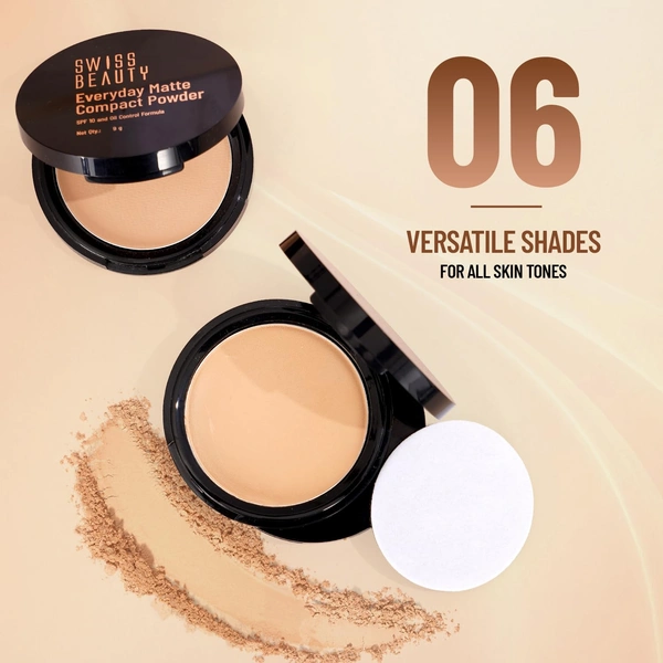 Swiss Beauty Everyday Matte Compact Powder Beige 9g | Enriched with Coverage & SPF 10 | Oil-Control, Lightweight & Long-Lasting | Smooth Finish for a Flawless, Shine-Free Look