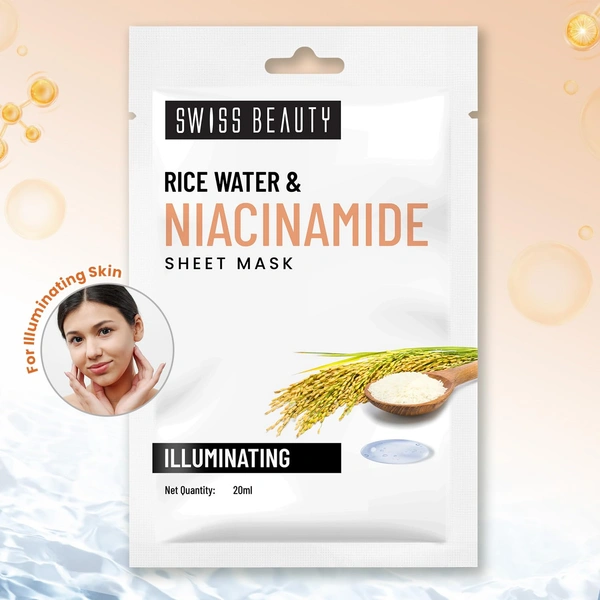 Swiss Beauty Illuminating Sheet Mask 20ml | With Rice Water & Niacinamide | Serum-infused Sheet mask | Minimizes open pores | Purifies & Reduces Excess Oils | Smooth & Clear Skin | Radiant skin mask | 20ml