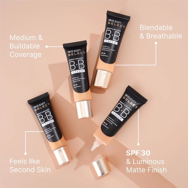 Swiss Beauty Select BB Cream Multifunctiona Bright & Balance 30g With 30 SPF | Shade 03 Butter Nude|Even Skin Tone with Niacinamide & Wheat Germ Oil | Medium Buildable Coverage