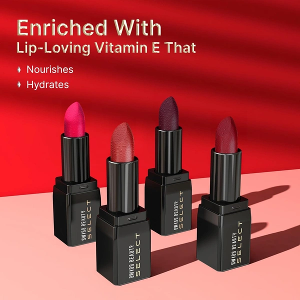 Swiss Beauty Select Dare To Matte Creamy Lipstick 3.8g, Shade Antique Nude | Velvety Matte Finish | Vitamin E Enriched | Long Lasting | Smooth & Creamy Formula
