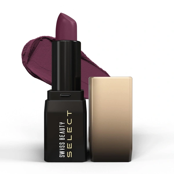 Swiss Beauty Select Dare To Matte Creamy Lipstick 3.8g, Shade Delight Plum | Velvety Matte Finish | Vitamin E Enriched | Long Lasting | Smooth & Creamy Formula