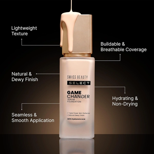 Swiss Beauty Select Game Changer Foundation Lightweight With Serum 35g | Shade Almond Glow | Natural Dewy Finish, Buildable Coverage, Skin-Like & Breathable Formula