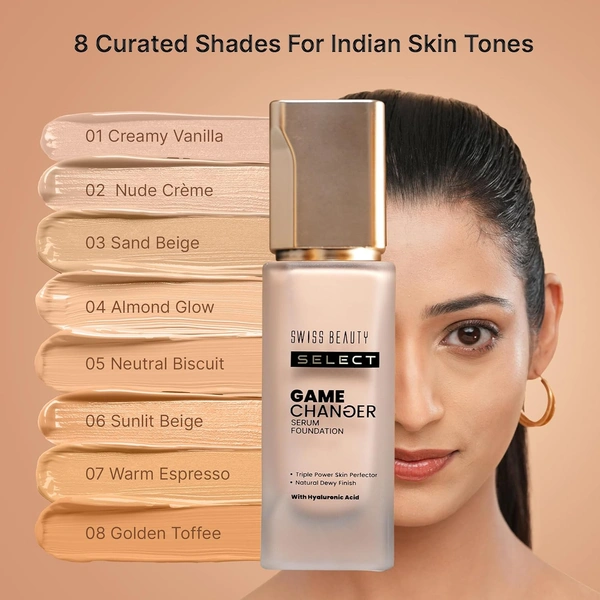 Swiss Beauty Select Game Changer Foundation Lightweight With Serum 35g | Shade Almond Glow | Natural Dewy Finish, Buildable Coverage, Skin-Like & Breathable Formula