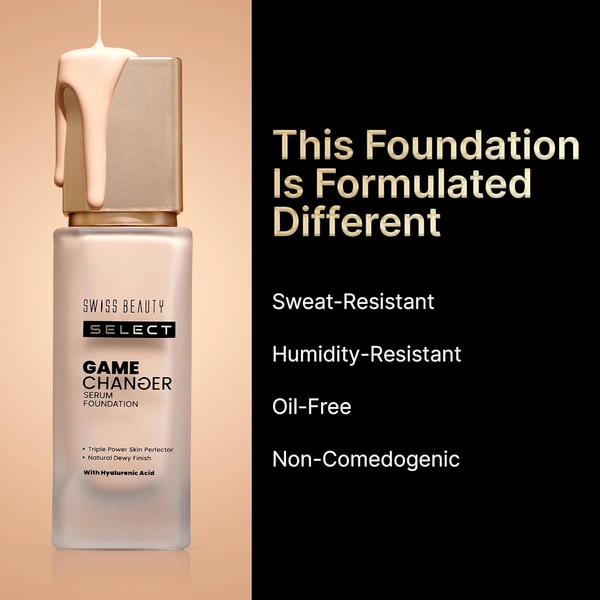 Swiss Beauty Select Game Changer Foundation Lightweight With Serum 35g | Shade Almond Glow | Natural Dewy Finish, Buildable Coverage, Skin-Like & Breathable Formula