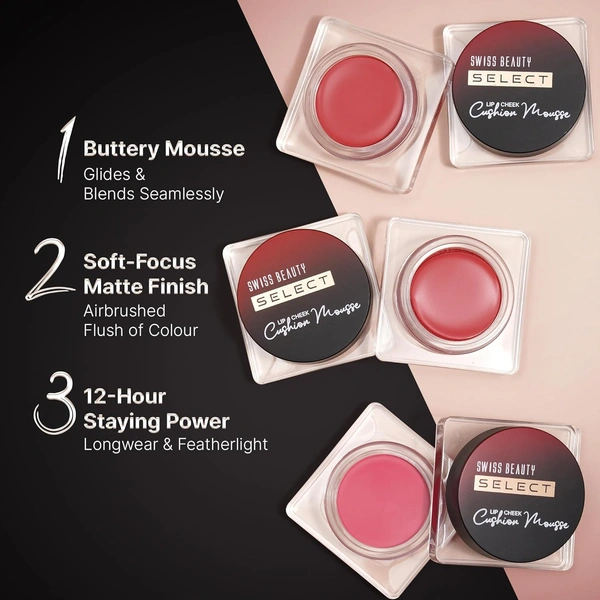 Swiss Beauty Select Lip And Cheek Cushion Creamy Mousse 4.5gm, Shade 04 Velvet Red with Vitamin E | 12 Hours Long Stay | Soft Matte Finish