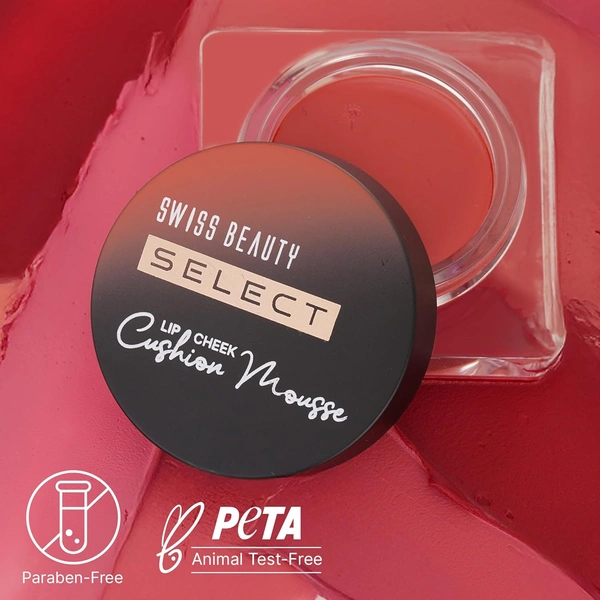 Swiss Beauty Select Lip And Cheek Cushion Creamy Mousse 4.5gm, Shade 04 Velvet Red with Vitamin E | 12 Hours Long Stay | Soft Matte Finish