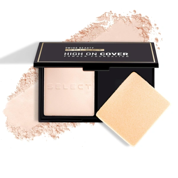 Swiss Beauty Select Matte High On Cover Powder Foundation 5.5g | Shade 01 True Porcelain | Waterproof, Oil Control | 16-Hour Long Wear | With Sponge