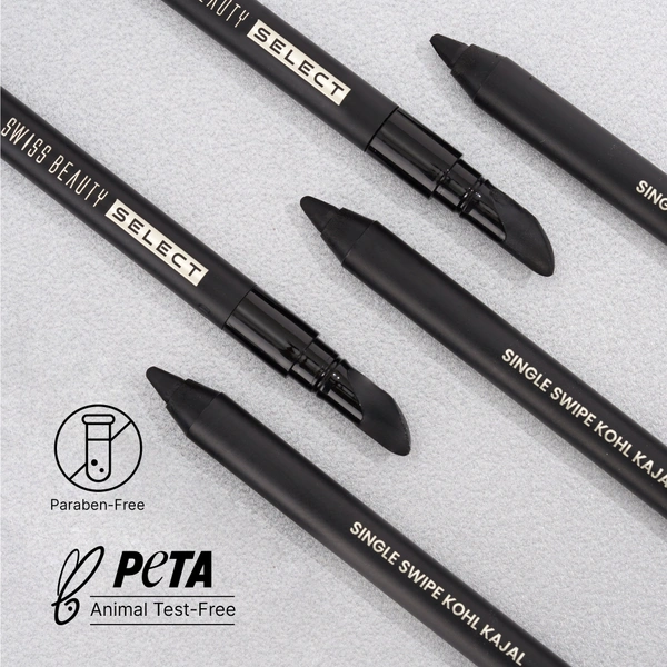 Swiss Beauty Select Single Swipe Kohl Kajal 1.2gm | Intense Black | 16Hr Long Stay | Waterproof & Smudge Proof | Creamy Smooth Kajal with Smudger