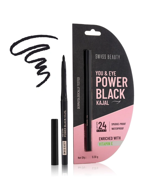 Swiss Beauty You & Eye Power Black Kajal | Smudge-Proof Eyes | Enriched with Vitamin E | Long-Lasting Definition | Waterproof | 24 Hour Stay | 0.30gm
