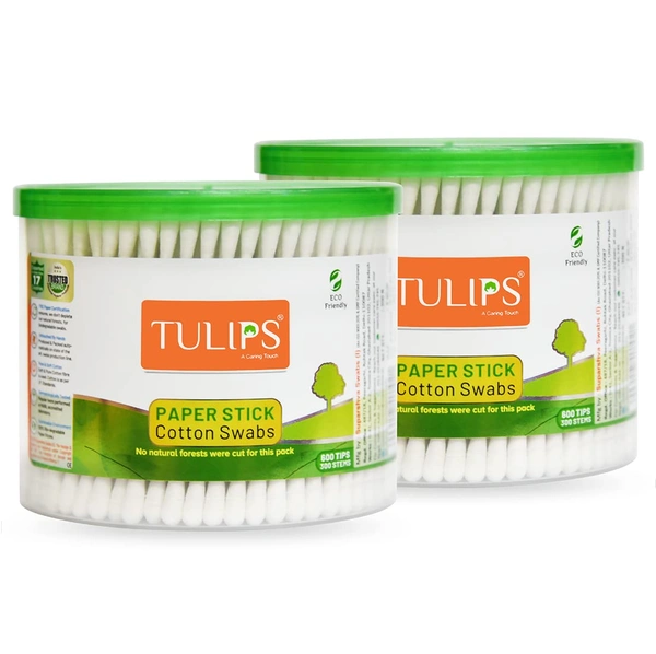 Tulips Cotton Ear Buds 300 Sticks (600 Tips) Pack of 2 | Soft, Safe & Hygienic | 100% Pure Cotton | Gentle on Skin | Perfect for Daily Personal Care | With White Paper Sticks|Eco-Friendly | Convenient Jar Packaging