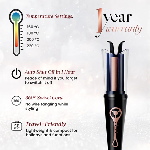 Make me Bold Urban Yog MakeMeeBold Automatic Hair Curler with Two-Way Rotation | 4 Heat Settings, Anti-Scald Design | Ceramic Barrel, Fast 10-15 Min Styling | Tangle-Free Curling Iron for Women