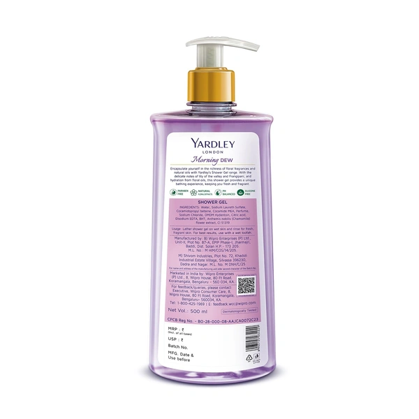 Yardley London Moarning Dew Shower Gel 500ml, Enriched with Lily of Flower & Frangipani | Paraben-Free & Refreshing Fragrance |Soft & Nourished Skin