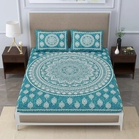 Colorish Cotton Blend Traditional Mandala Jaipuri Printed Bedsheet for Double Bed King Size with 2 Pillow Covers, Sea Green