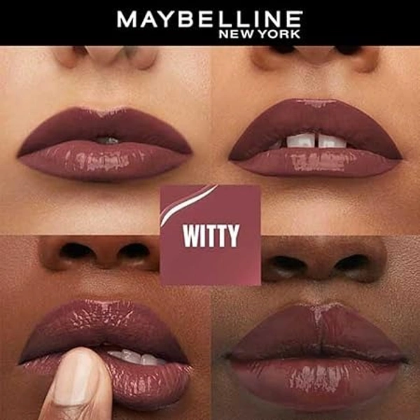 Maybelline Liquid Lipstick, High Shine Gloss, Lasts for 16 HRs, Enriched With Vitamin E & Aloe, SuperStay Vinyl Ink, Witty, High-Glossy