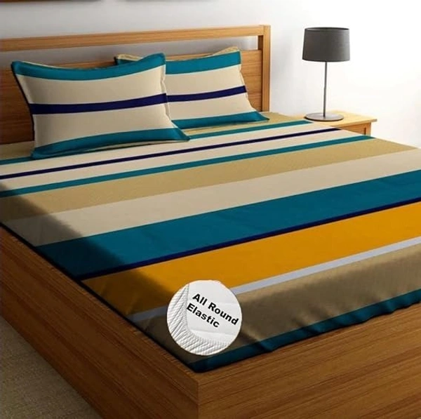 DECOMIZER Cotton Feel Elastic Fitted Glace Printed King Size Double Bedsheet with 2 Large Pillow Covers, Mattress of 8 Inches, 72x78x10 Inches, Design - Yellow Green Stripes , 300 - 350 threadcount