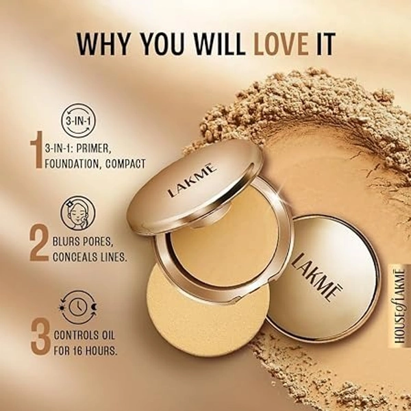 Lakme 9 To 5 Primer + Matte Powder Foundation Compact, Ivory Cream, Long Lasting, Buildable Coverage For A Matte Finish - Lightweight Face Makeup, 9 G