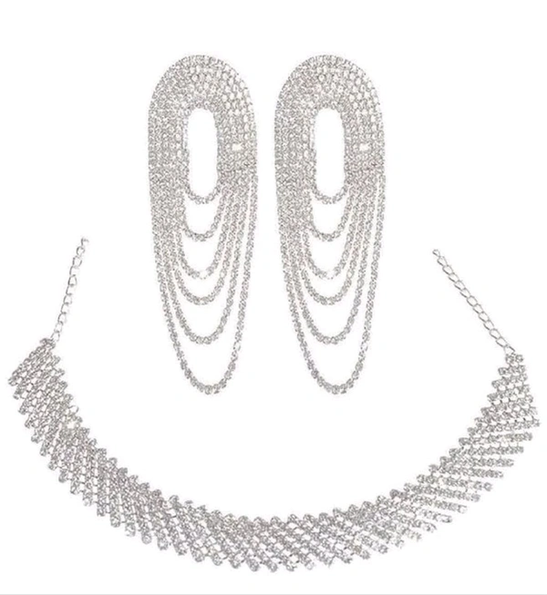Elegant Stone, Crystal, and Alloy Silver White Jewellery Set (Pack Of 1) - Alto, Free Size