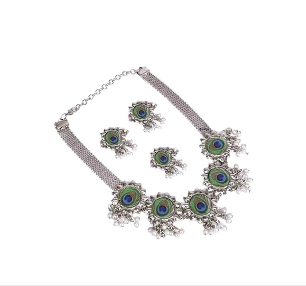 Oxidised Silver Mayur Pearl Jewellery Set (Pack Of 1) - Alto, Free Size