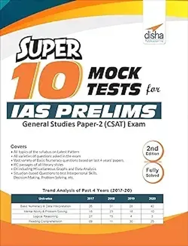 Disha Super 10 Mock Tests for IAS Prelims General Studies Paper 2 (Csat) Exam (English, Paperback, unknown) 9788194787051