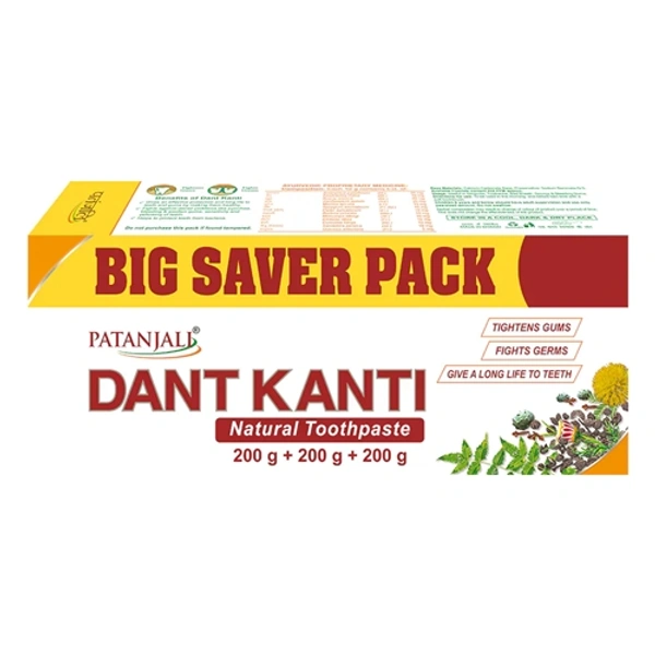 Dant Kanti Big Saver Pack Patanjali Dant Kanti Natural Toothpaste Tightens Gums Fights Germs Gives Long Life To Teeth - 200+200+200 GM