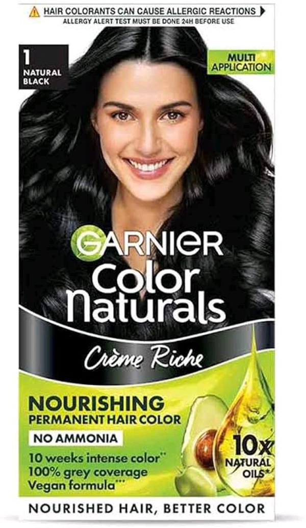 Garnier  Garnier, Hair Colouring Creme, Long-lasting Colour, Smoothness & Shine, Color Naturals, Shade: 1 Natural Black, 70ml + 60g - 70 Ml+60 GM