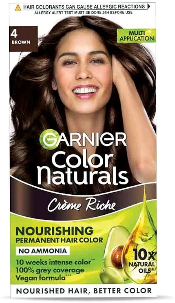 Garnier Garnier, Hair Colouring Creme, Long-lasting Colour, Smoothness & Shine, Color Naturals, Shade: 4 Brown, 70ml + 60g - 70 Ml+60 GM